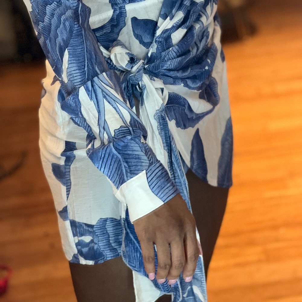 Blue and white floral wrap dress